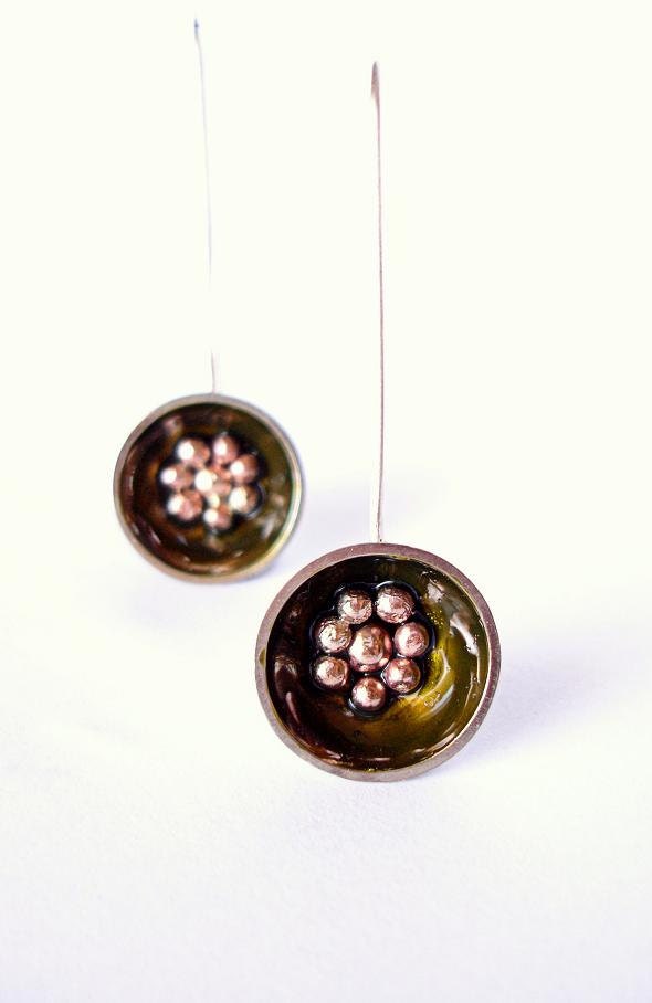 CIRCULAR MINIMAL EARRINGS, olive green enamel earrings, flower summer earrings, sterling silver earwires earrings.