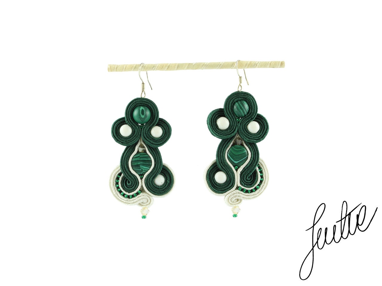 Simple, elegant, soutache earrings with malachite, coral, sterling silver earwires, ecru,  emerland, - JustineWorld