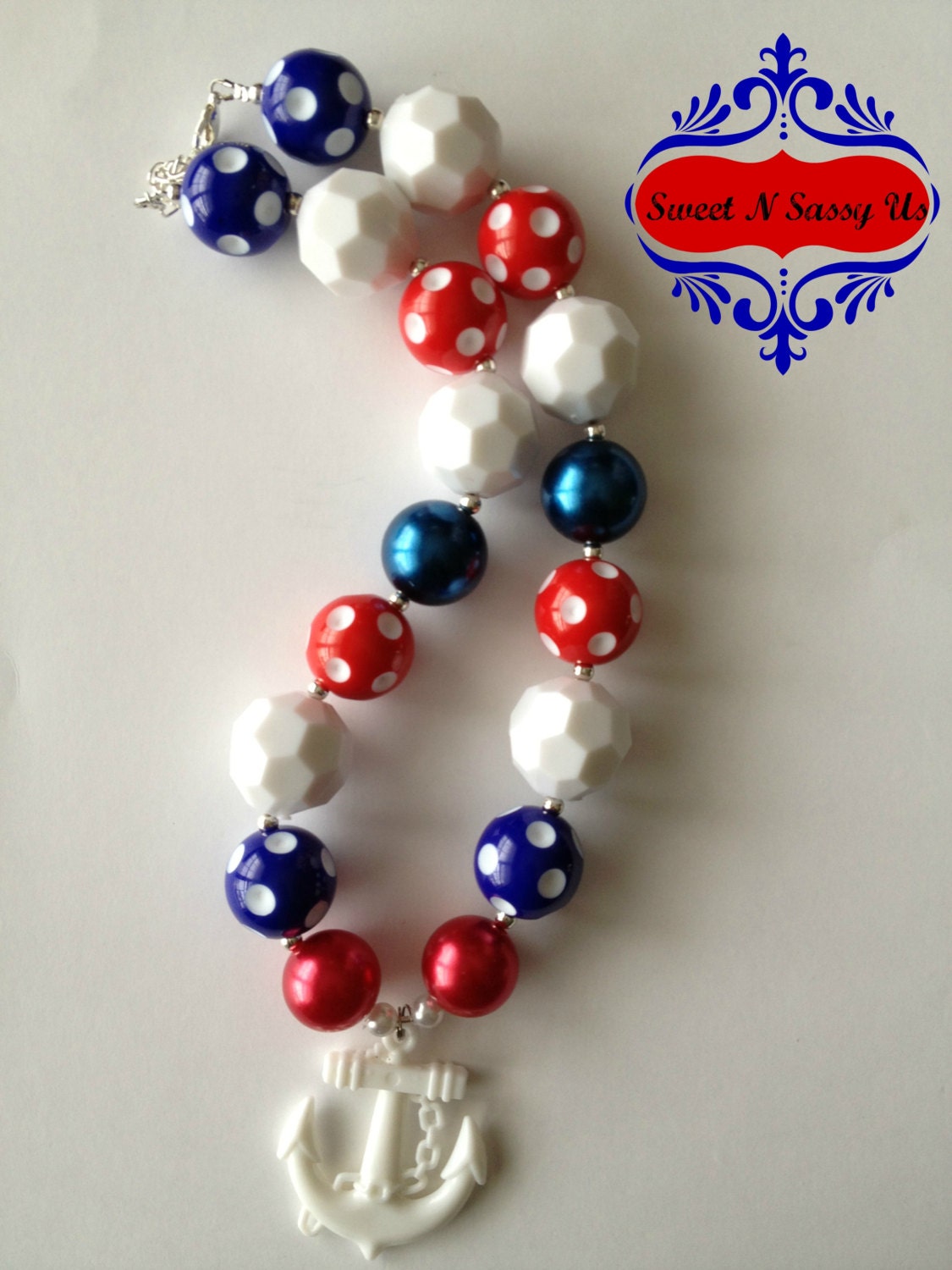 Red White and Blue Nautical Patriotic Chunky Beaded Toddler/Baby/Girl Necklace - SweetnSassyUs