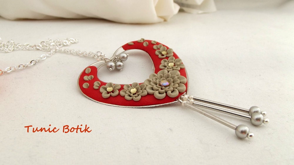 Orange Red Heart Clay Floral Necklace  Polymer Clay Jewellery  Garden Pendant - TunicBotik