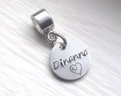 Small Round Hand Stamped Personalized European Charm Sterling Silver Fits All Brands of European Bead Bracelets