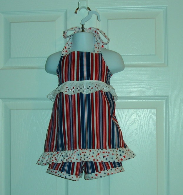 Ruffles, lace, red white and blue baby girl dress and matchin shorts size 6 - 12 months//patriotic//4th of July//halter top//shirred back