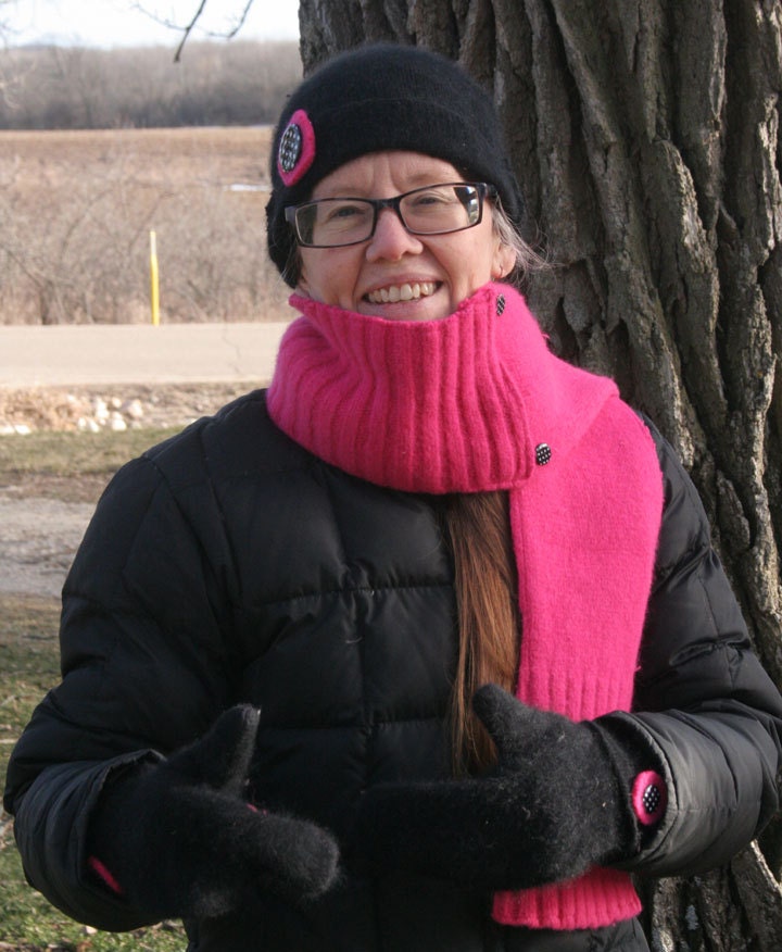 Recycled, Upcycled Sweater Hat, Scarf and Mittens Set, Black and Pink with Accent Buttons