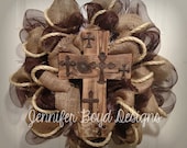 Rustic Western Cross and Cowboy Everyday Deco Mesh Wreath in Brown and Burlap