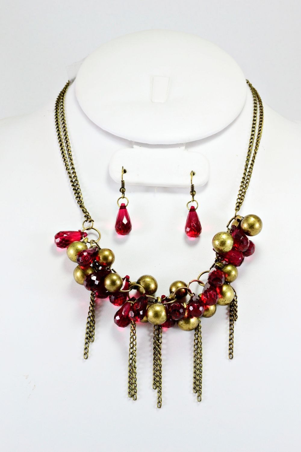 Brass Red Burgundy Vintage Elegant Necklace Dangle Jewelry Pretty MATCHING EARRINGS - Native American Made