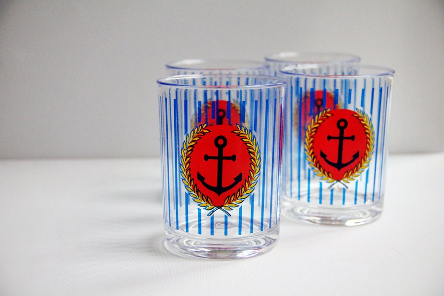 Set of 4 Rare Collectible Blue and Red Vintage Anchor Glasses for Summer / Nautical Theme / Great For Poolside Drinks / Patios and Parties