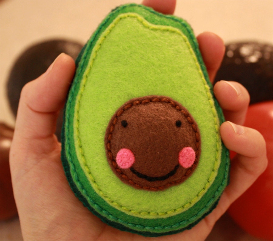 Avocado fruit vegetable plush toy, miniature embroidered pretend felt stuffed food, vegetarian vegan plushie, kawaii happy