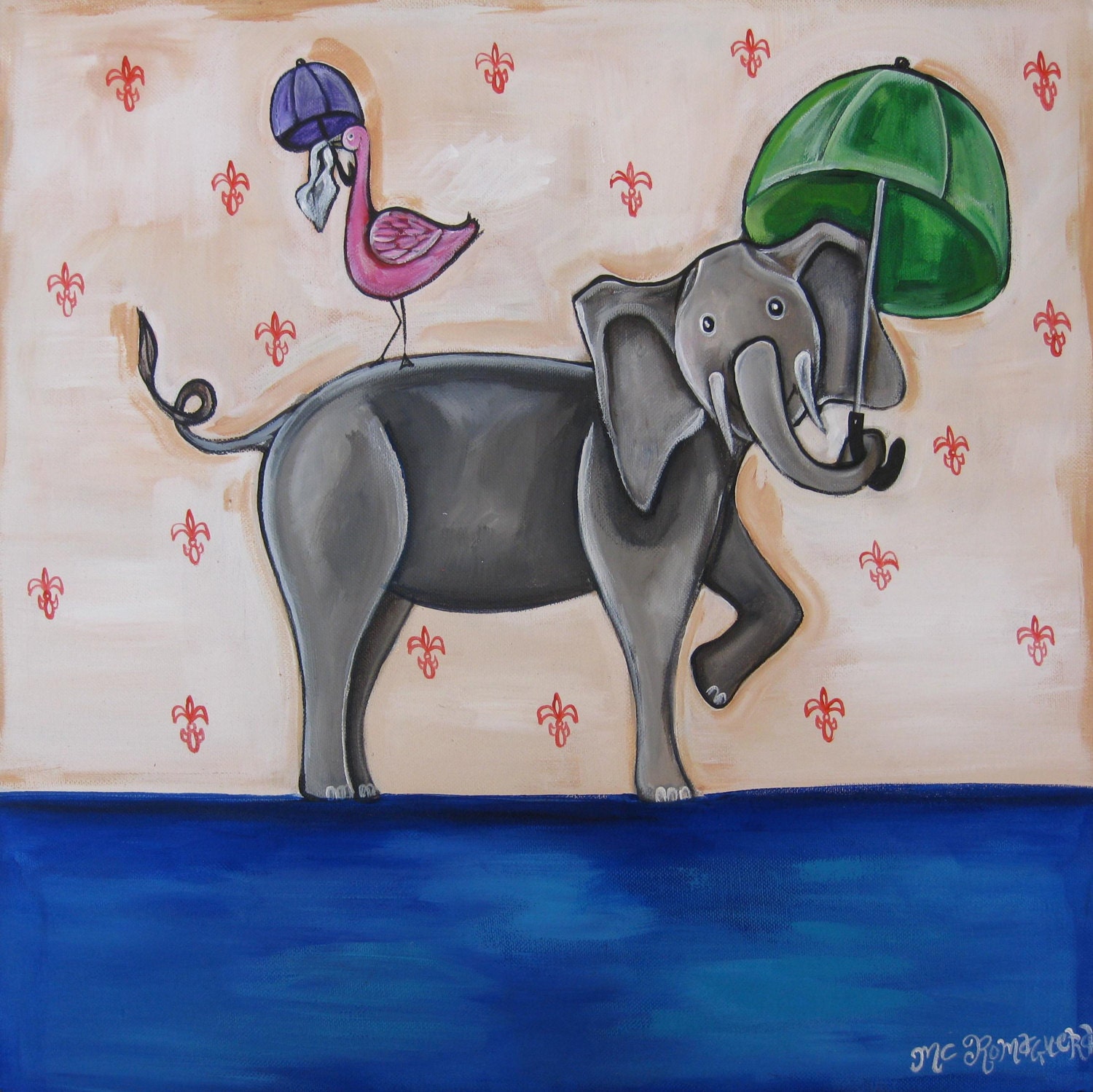Dancing Flamingo and Elephant with Purple and Green Umbrella Nursery Art Decor by  MC Romaguera - 11" by 14" White Archival Matte Included