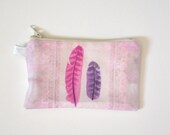 Feathers in Pink ... a LIGERMILK original.  lined cotton canvas zipper pouch with loop wallet