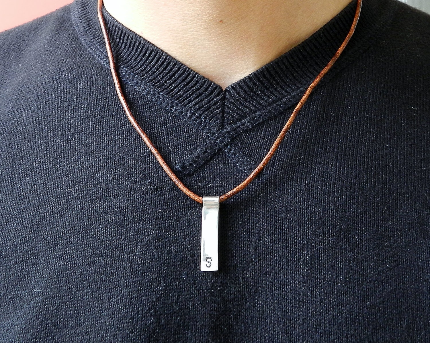 Personalized Sterling silver tag. Mens leather necklace initial. Custom hand stamped mens necklace. Monogram. Letter necklace