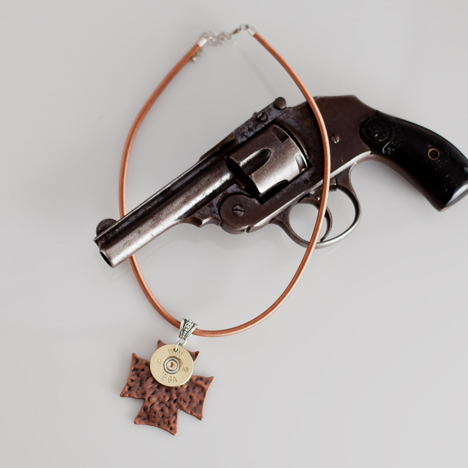 Bullet Jewelry - Bullet Necklace w/ Brass Winchester 12 Gauge Shotgun Casing on Copper Hammered Cross