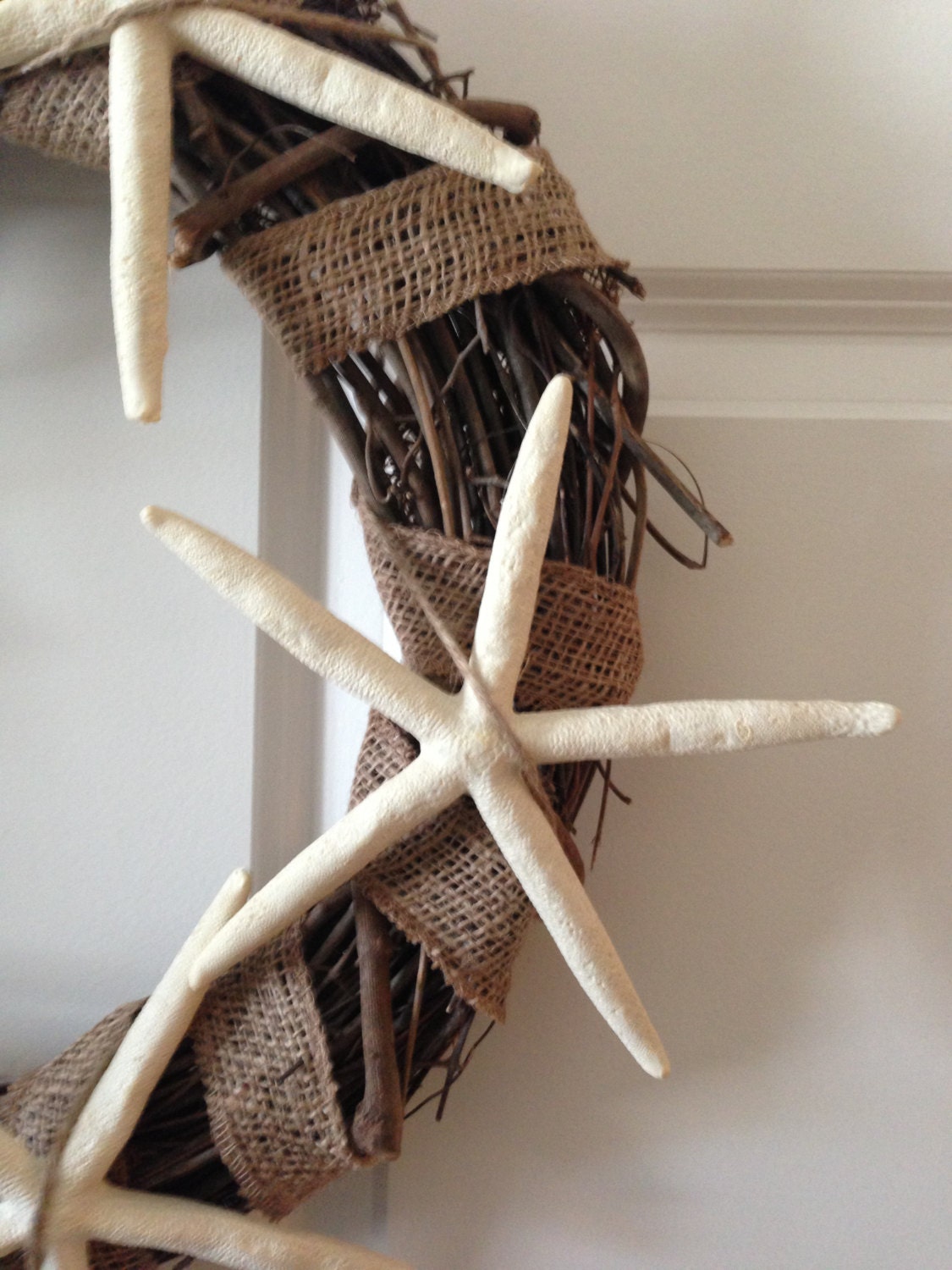 Grapevine Wreath with Starfish and Burlap - Beach Decor - Beach Wreath