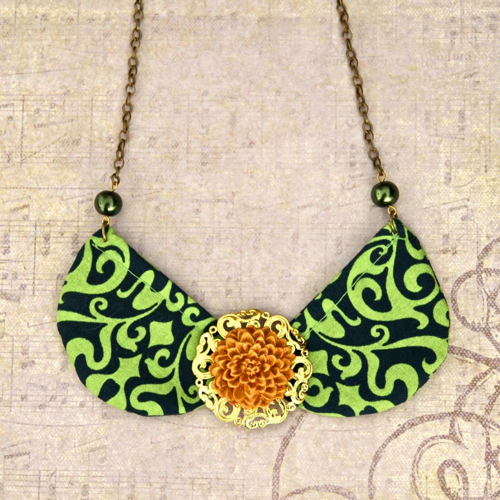 Lime Green Necklace Bib Necklace Fabric Flower Necklace Statement Jewelry Peter Pan Collar Necklace Beaded Necklace Textile Necklace