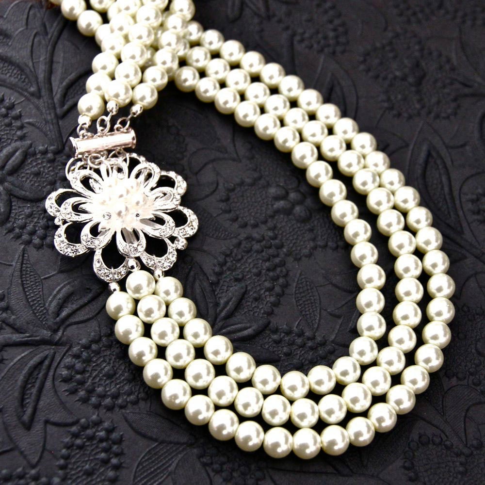 Flower Bridal Necklace Pearl Necklace Statement Necklace Vintage Style Wedding Jewelry Rhinestone Crystal Necklace FOREVERMORE