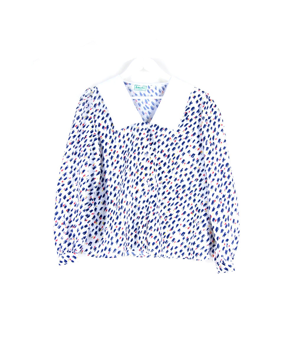 Vintage Ruffle Blouse -Pastel Brush Shirt 80s - Cropped Boxy Button Up - Red, White, Yellow, Red, Woman,