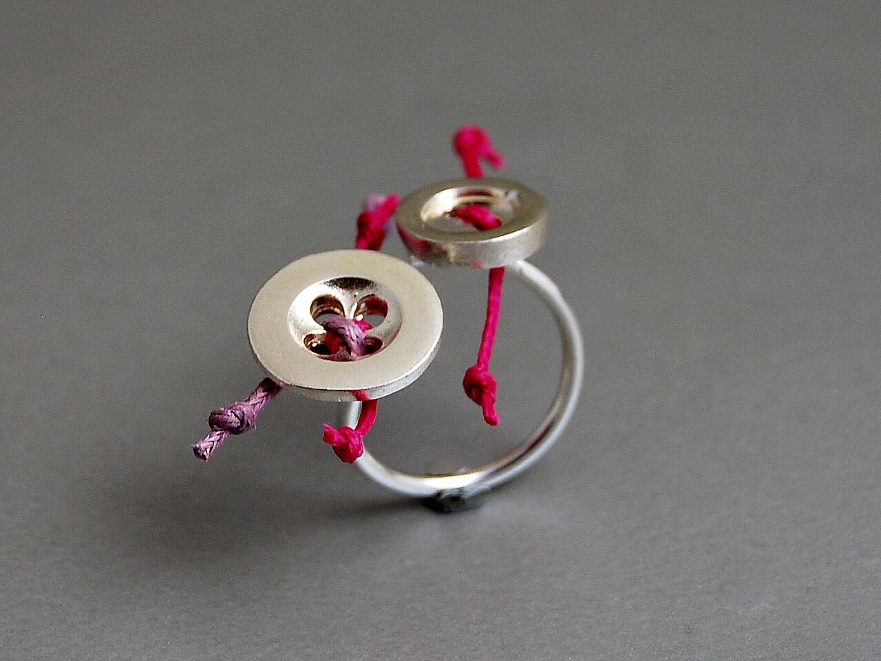Buttons Sterling Silver Open Ring Cute Design Red Pink Waxed Cord Details Adjustable Band Everyday Chic Gift for Crafty Woman