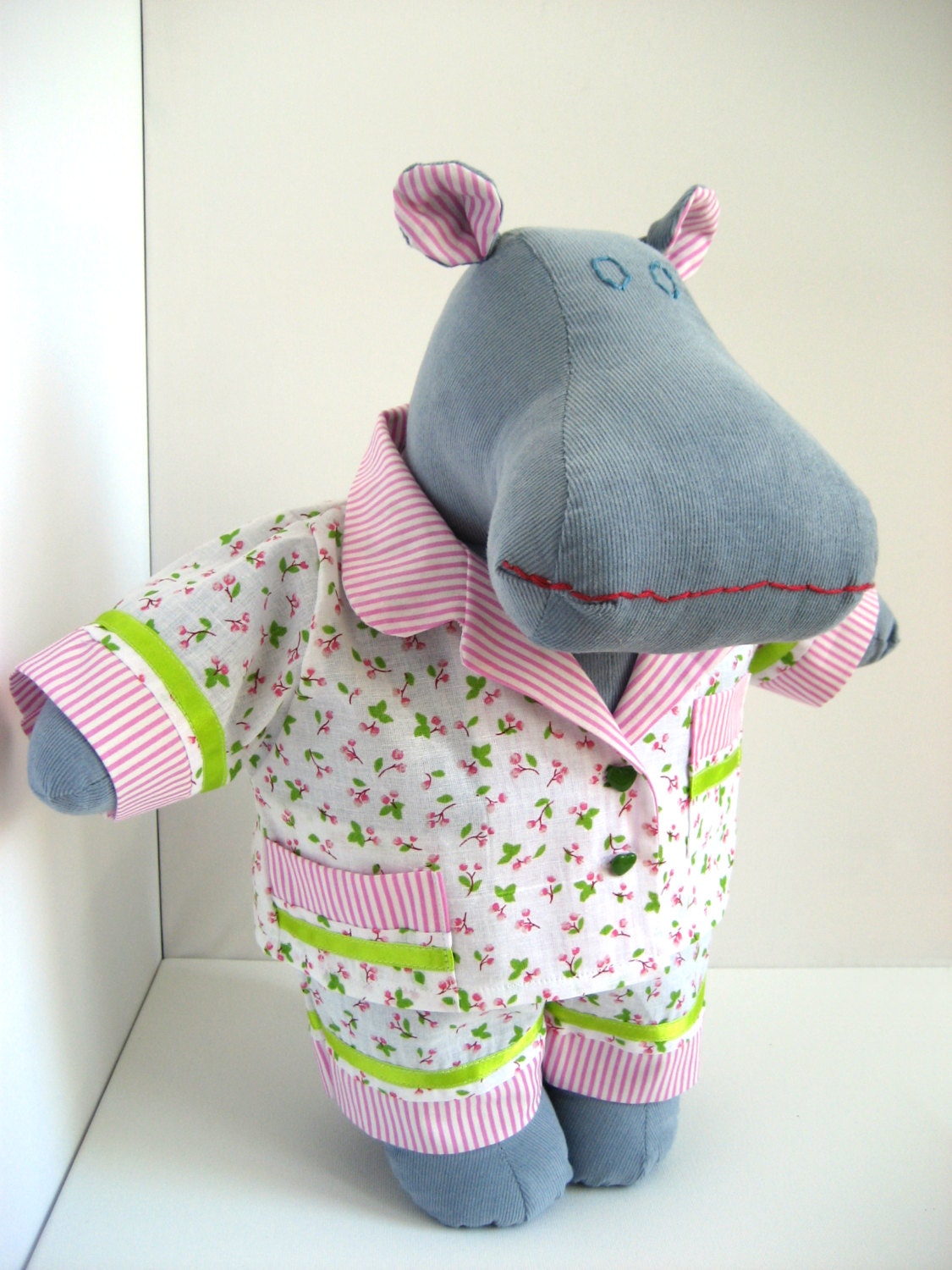 Melissa the Mippo - Handmade stuffed animal hippo - Little girl toys - Baby shower gift - Plush grey blue hippo in floral pajamas - Kids toy