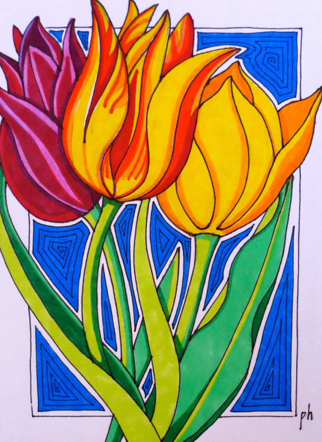 SPRING TULIPS  - Colorful Floral Art Print - 5x7 - from an Original Ink/Marker Drawing - Matted