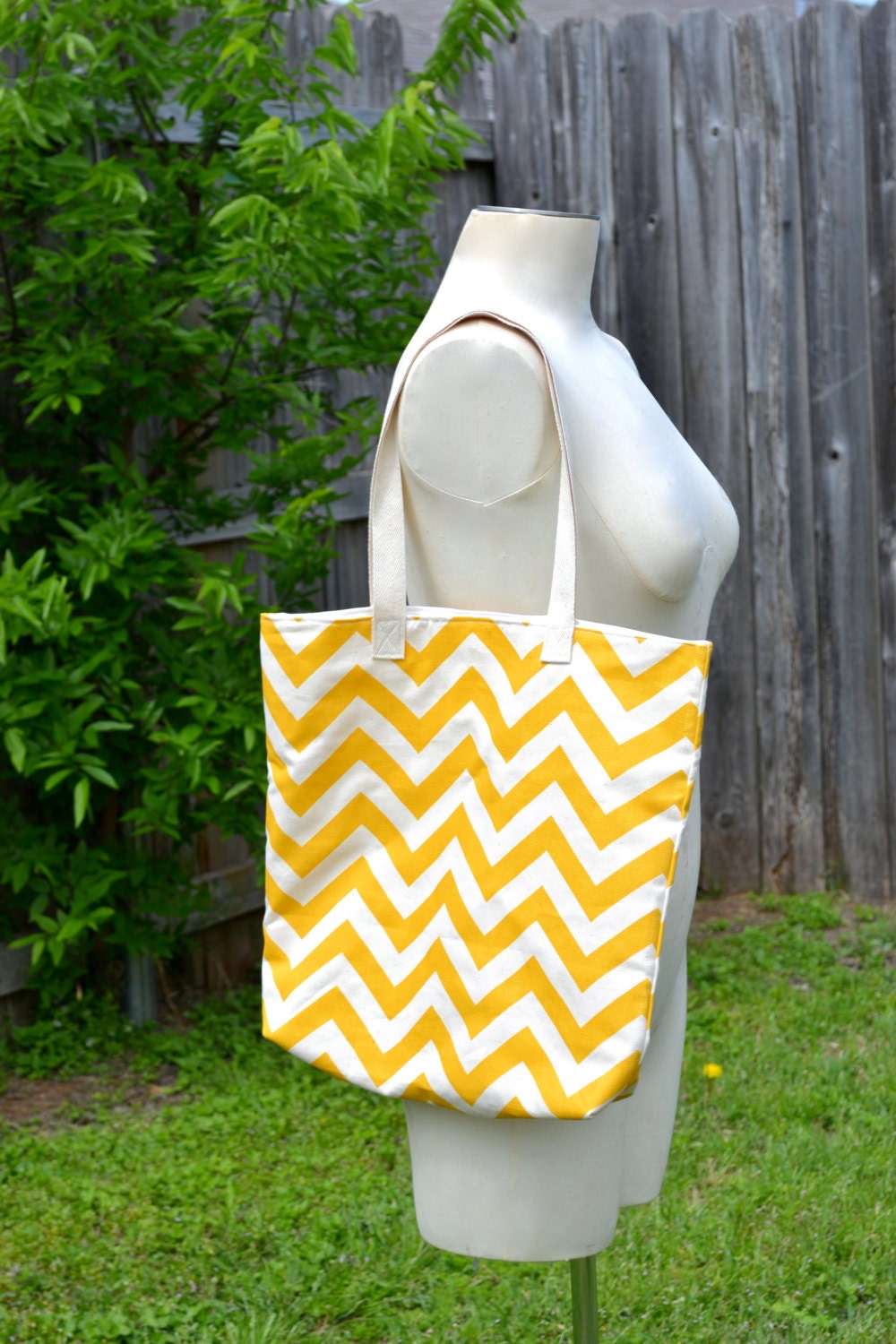 FREE SHIPPING- Yellow Chevron Canvas, Market, Tote, Bag