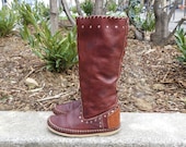 Vintage 1980's Lady's Two Tone Brown Leather Flat Studded Boots Size EUR 36 US W 6