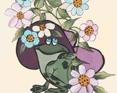 Original Miniature Painting, Girlie Frog among the flowers, Acrylic on 5" x 5" Canvas