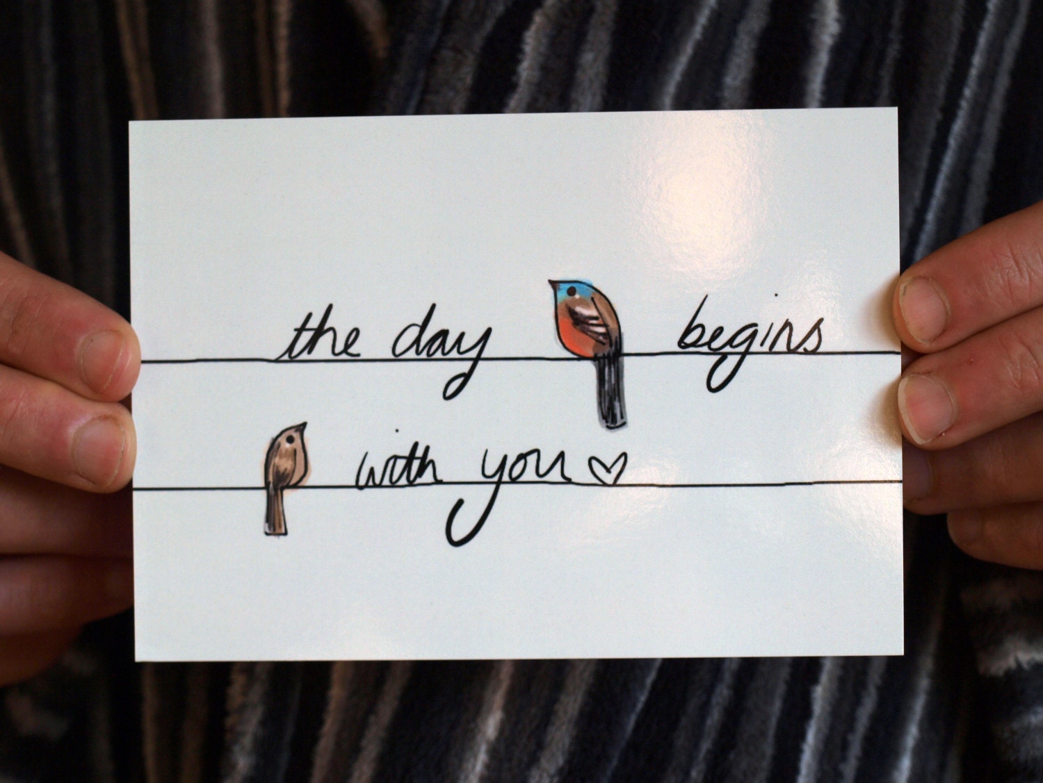 The Day Begins with You (words) Digital Art illustration Postcard 6x4" cute love birds