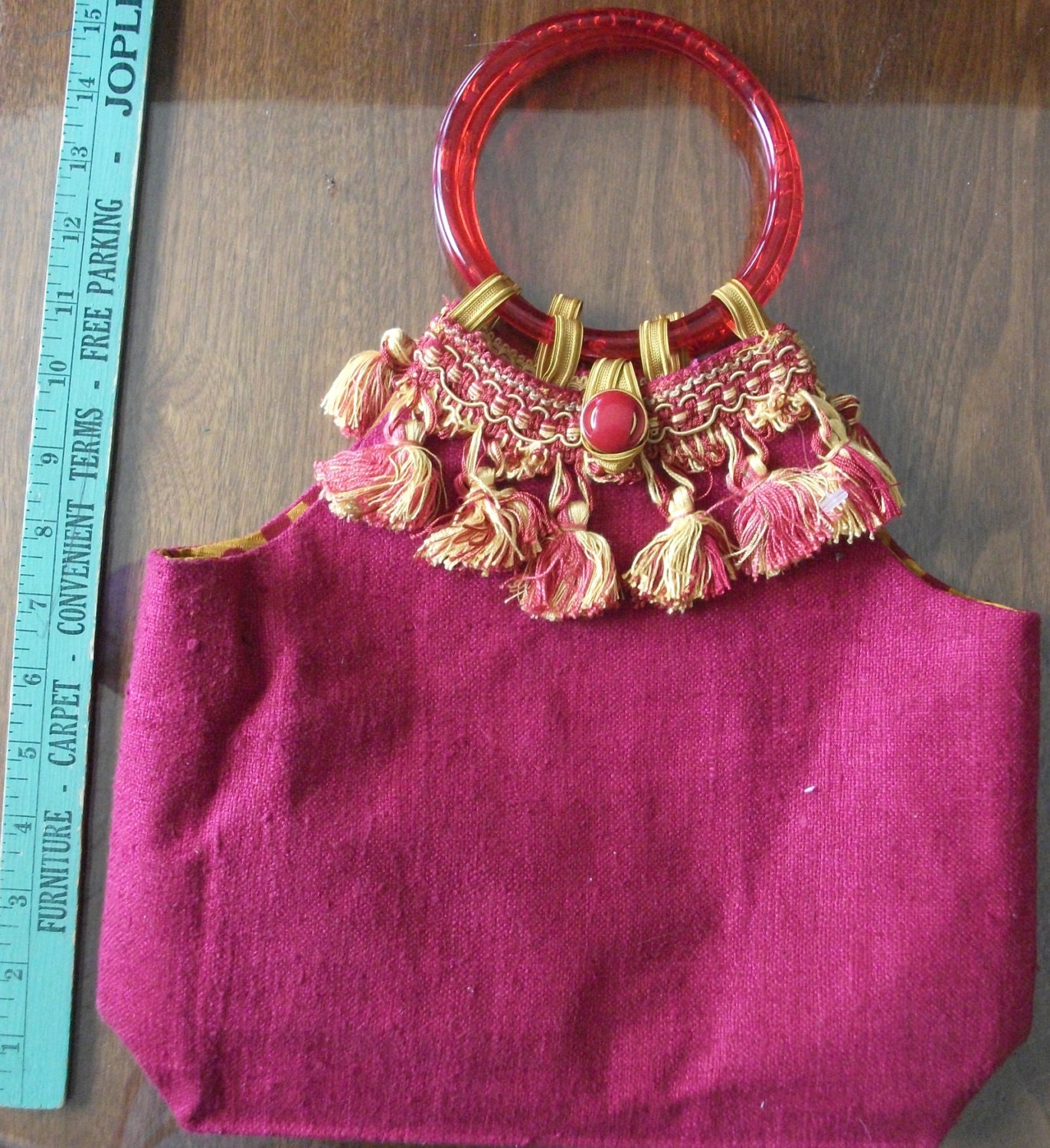 TOTE BAG Hand-Made Purse from Vintage Fabric - Magenta Raw Silk, Polka Dot Silk Lining, Lucite Handles, Tassel Trim