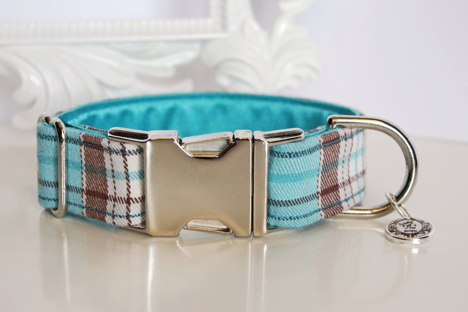 Teal Plaid Dog Collar With Teal Color Block Lining