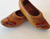 Norway Primitive Folk Art Wooden Shoes Clogs With Flag - VintageByBeth