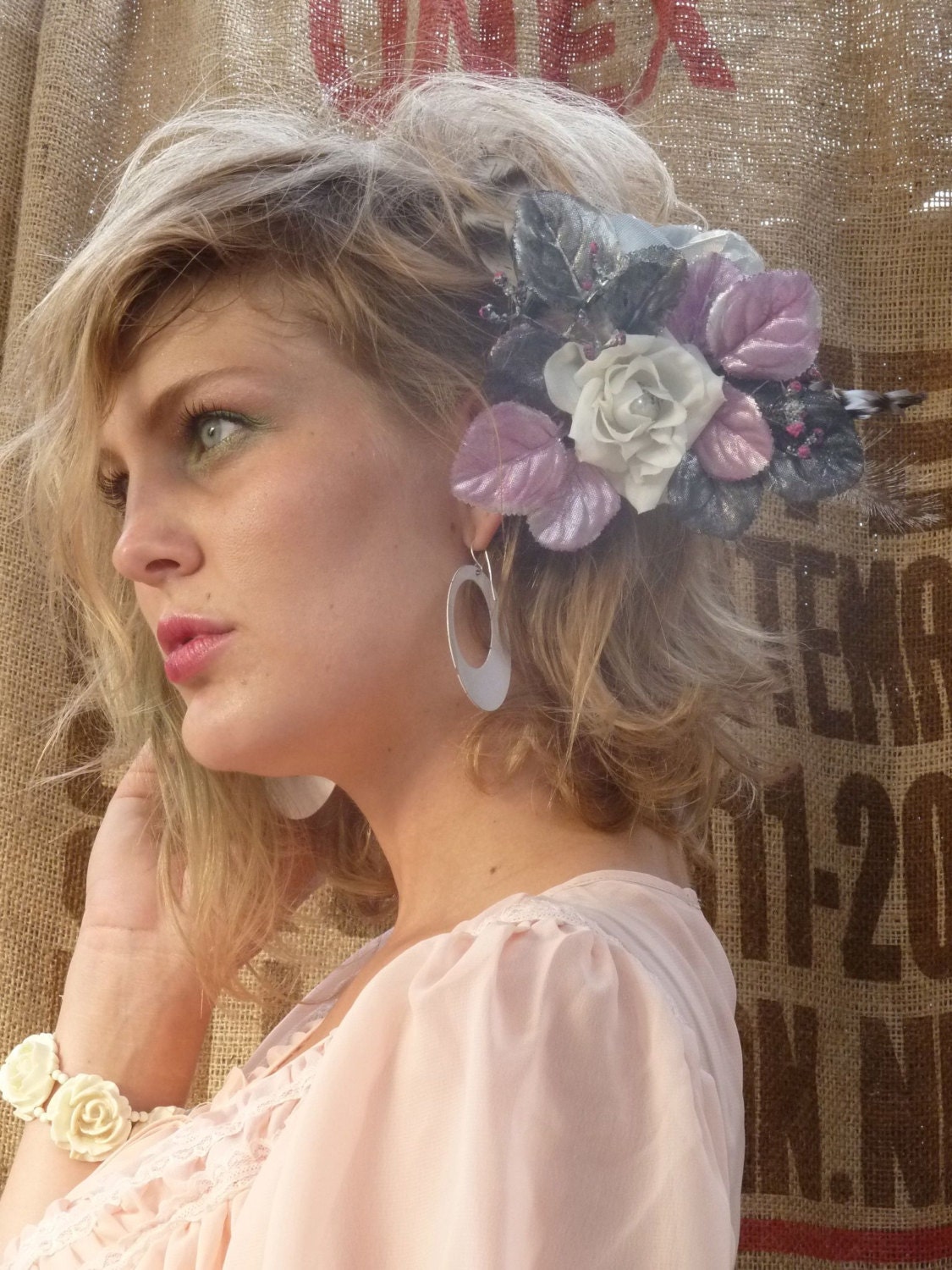 Handmade fascinator comb roses feathers mesh pink silver black white hand painted detail