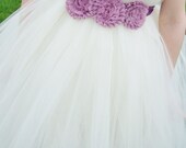 Ivory Flower Girl Tutu Dress Voilet Satin Ribbon and Floral Accent Child Size 6-10