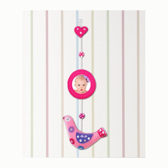 Pink Felt Bird Hanging with Photo Frame. Baby Room Decor, Children Room Decoration. Lovely gift.