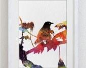 Autumn Bird Watercolor Print - Bird on a Branch 5x7 Archival Fine Art Print - Gift, Wall Decor, Home Decor, Housewares