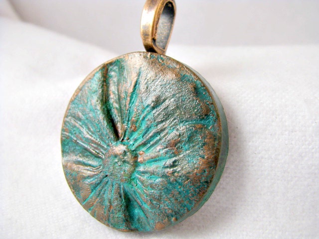 Patina'd Metal Clay OOAK Sculpted Flower Mixed Media Art Tile Pendant Necklace Focal Bead Jewelry Component - Copper Aqua Green