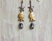 Rustic Brass Fish Earrings - with iridescent pearls