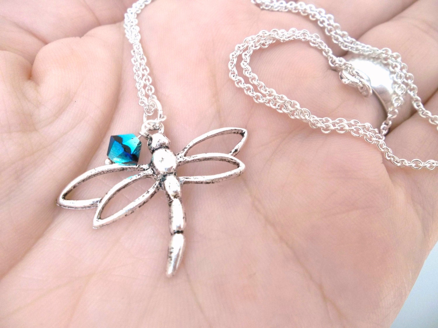 Dragonfly Necklace with iridescent blue green swarovski crystal - READY to SHIP