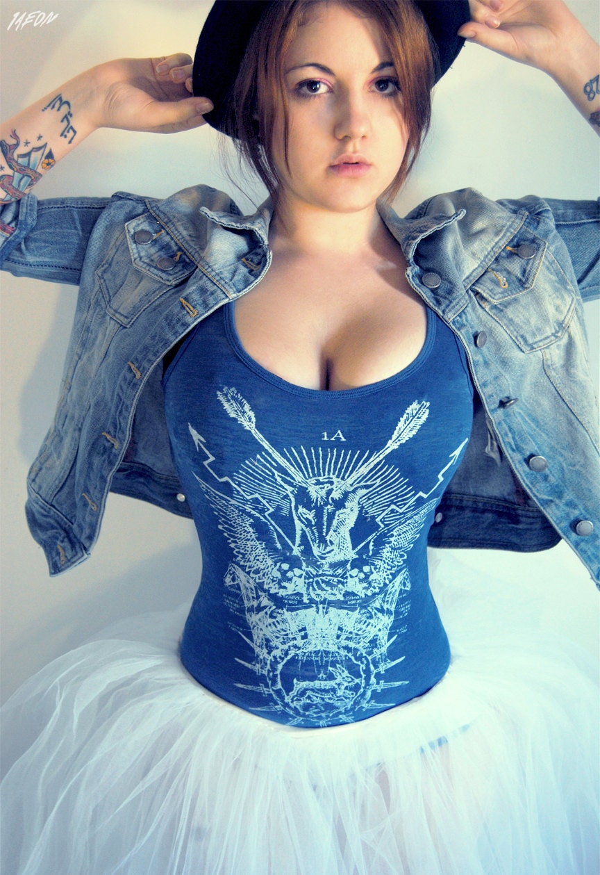 free shipping etsy, womens blue tank, heavy metal, womens tank top, deer tank, 1AEON women's burnout blue soft tank with Deerhead design - L