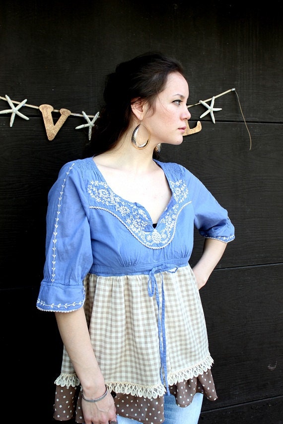 REVIVAL Upcycled Women's Shirt/Top/Blouse, Blue Farm Girl, Medium, Size 8, Repurposed, Recycled, Eco Friendly Clothing