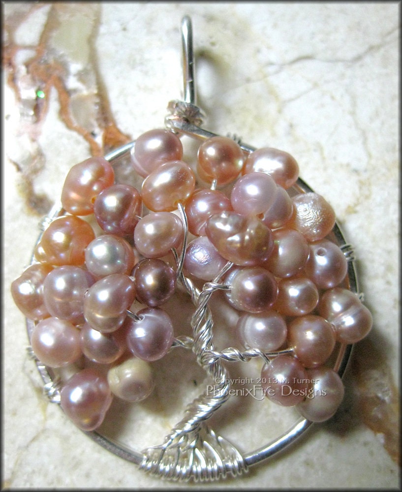 Tree of Life Pendant in Freshwater Pearl (Lavender Peach Pink) Wire Wrapped Sterling Silver Wedding Bride Bridal June