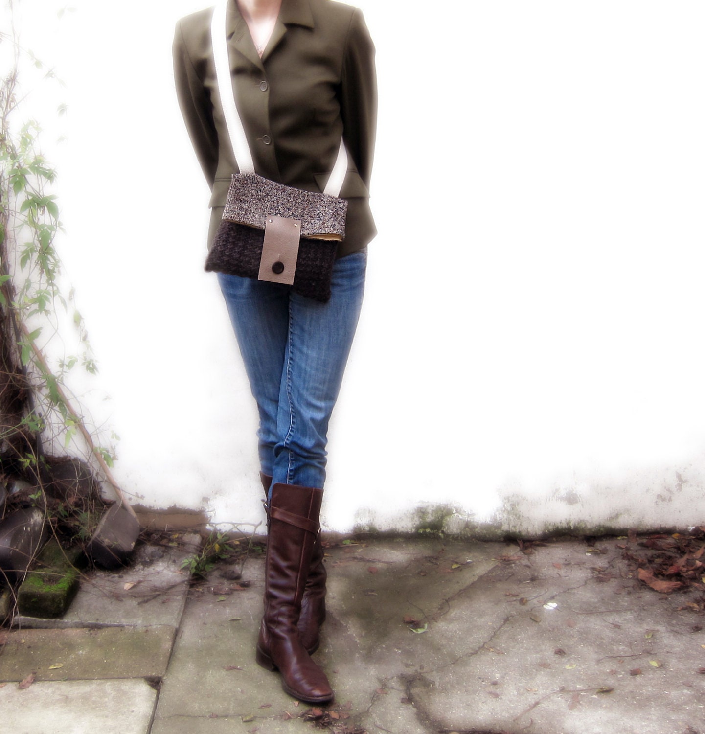 Tweed cross body bag brown wool knit purse fold over leather flap shoulder bag memake handmade