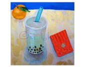Bubble Tea in a still life of good fortune ... daily painting print series ... even easier to frame 8x10 paper size