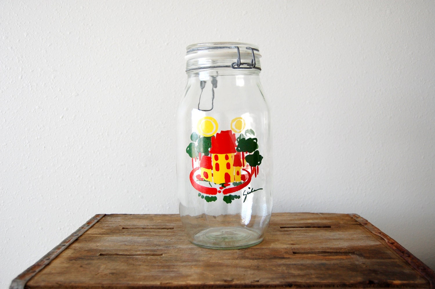 vintage 2 Liter Ermetico Glass Jar / Yellow Red Green / Cottage Trees Sun / Carlton USA