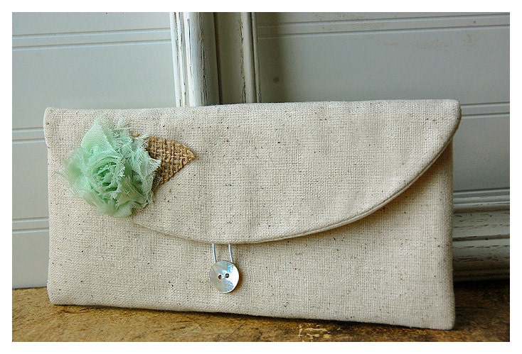 Mint Green clutch burlap purse wedding rustic raw cotton linen shabby rose color choice purse Personalize Bridesmaid gift MakeUp tagt
