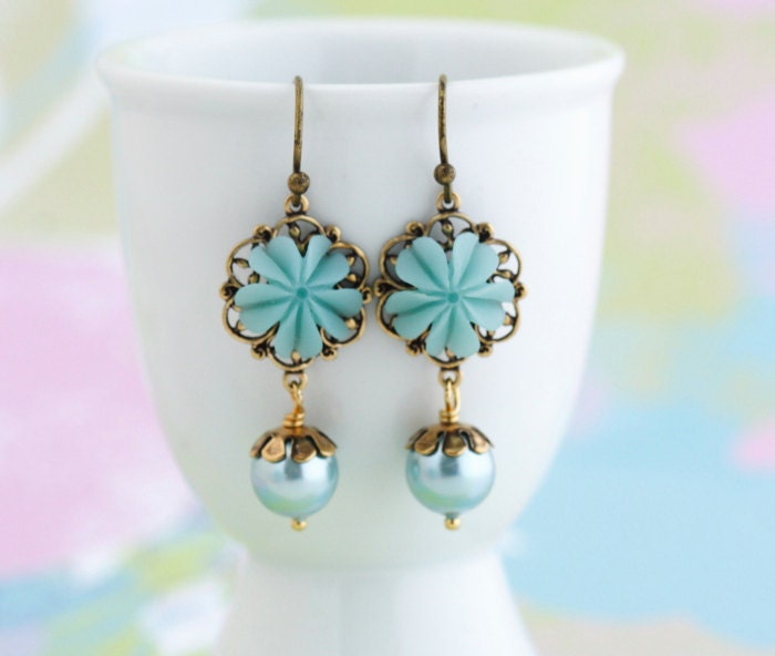 Blue Wedding Earrings, Flower Earrings, Blue Pearl, Wedding Jewelry, Bridesmaids Gifts, Mother's Day Earrings , Mother's Day Earrings - JacarandaDesigns