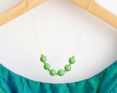 Pea Green Beaded Necklace, Gold Plated Chain, Round Glass Beads
