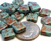 10 Blue turquoise and copper czech glass tile tab, 10 x 4mm