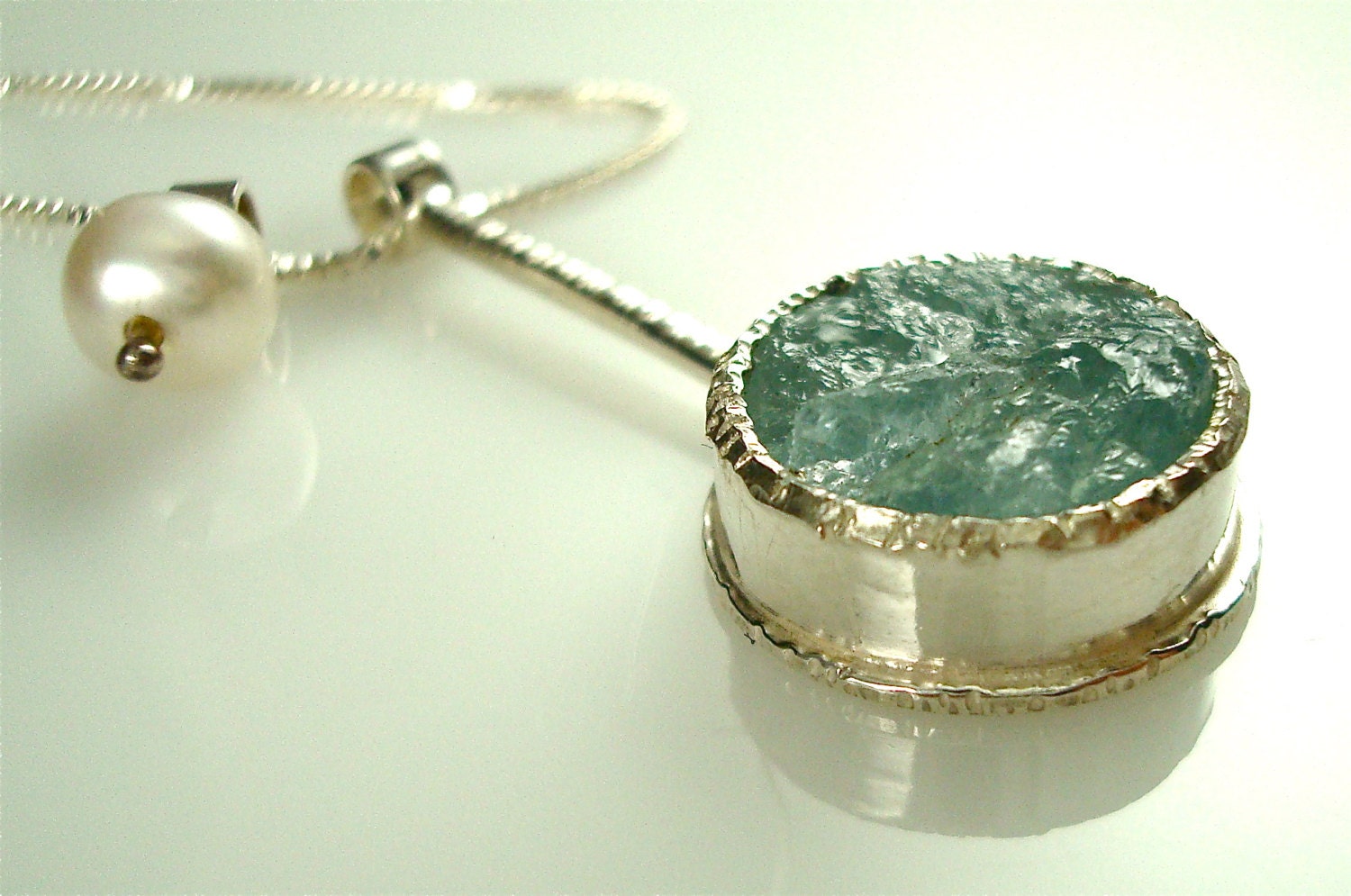 Raw Surface Aquamarine, Pearl and Sterling - Charm Necklace - ready to ship