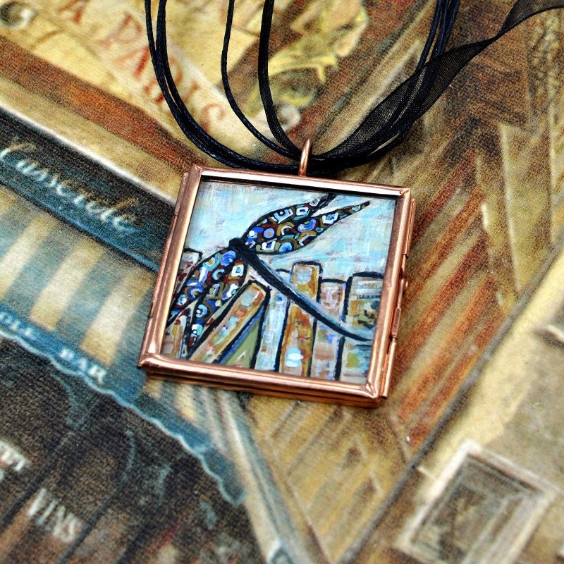 Dragonfly and Antique Books Necklace - Handpainted Pendant - Original Dana Marie Wearable Art  - ebsq