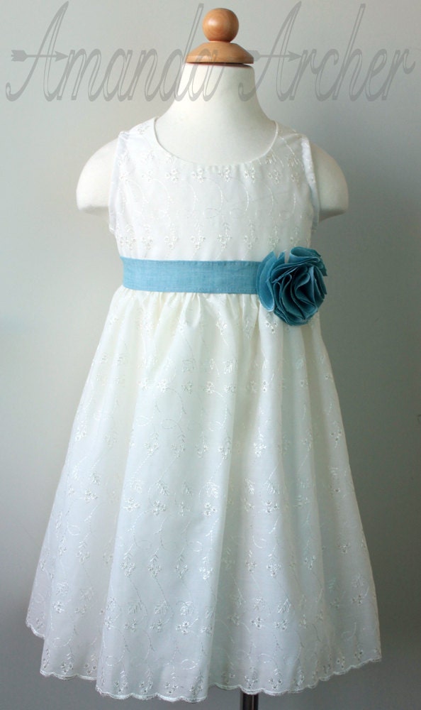 Painted Flower Dress, Ivory and Blue Teal, Flower Girl Dress