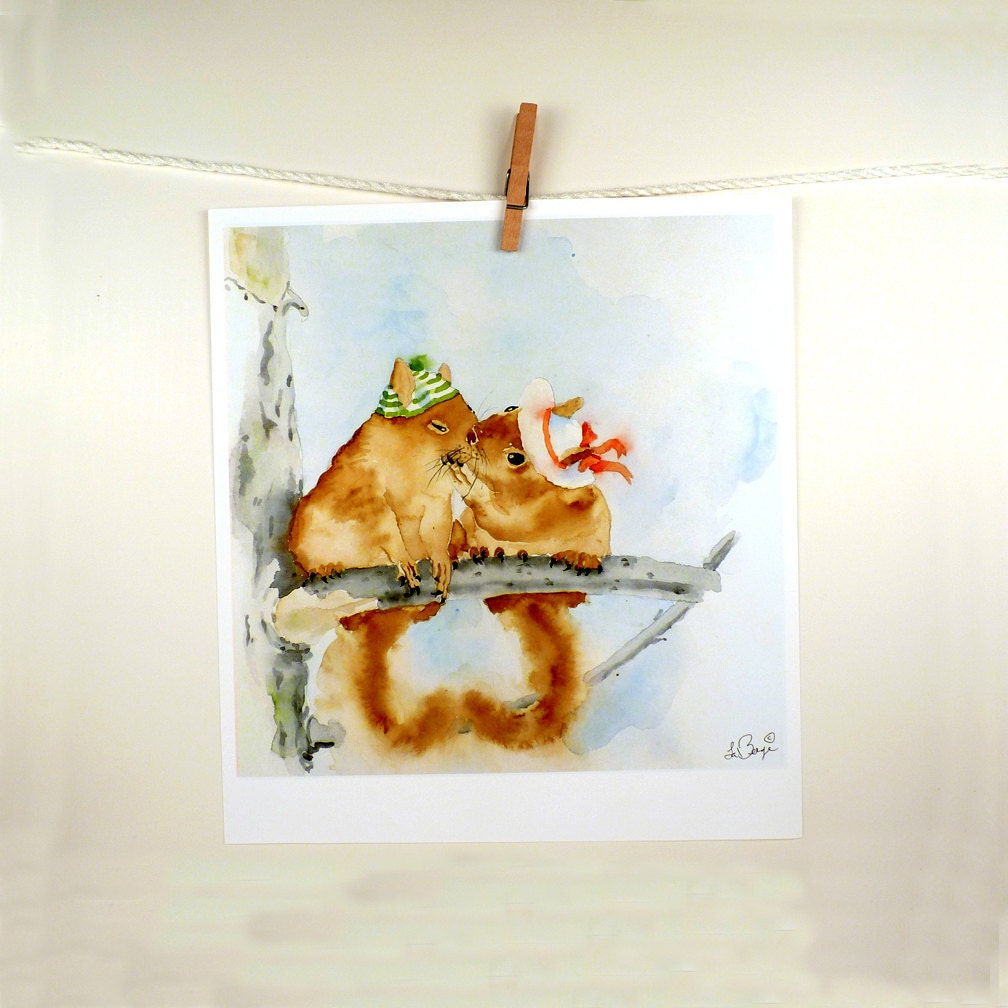 Squirrel Art - Watercolor Painting Print - Animal Art, Nature Art Woodlands Art - Two Squirrels Kissing, Nursery - Women Kids - 12 x 12